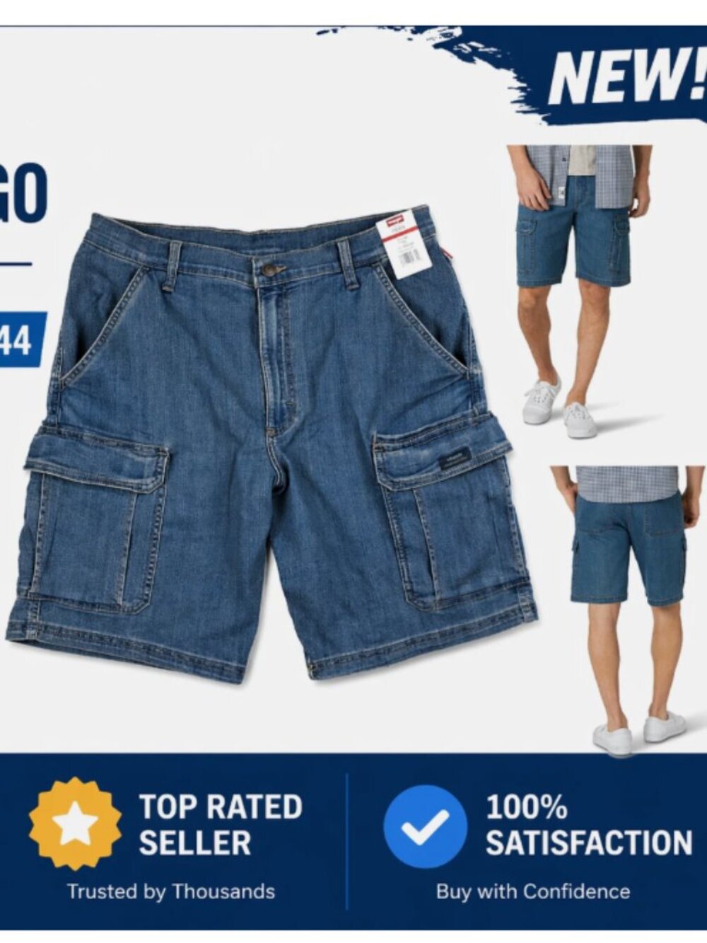 Wrangler Size W38 Denim Cargo Men's Shorts Medium Wash Tech Pocket New
